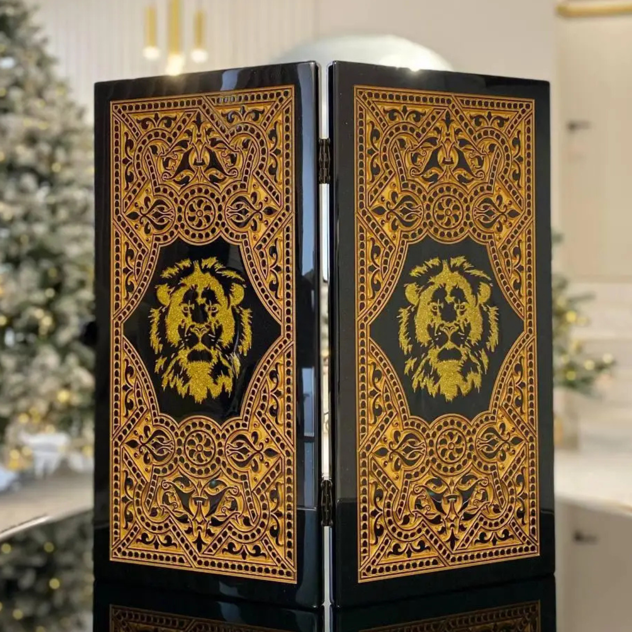 Нарди з чорного акрилового каменю Золотий Лев 58×28×5см, фото 1