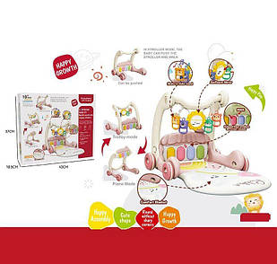 Дитячі ходунки 368-45 B 3в1, килимок, музична панель, музика, регулювання гучності, підсвічування, 4 брязкальця, дзеркальце