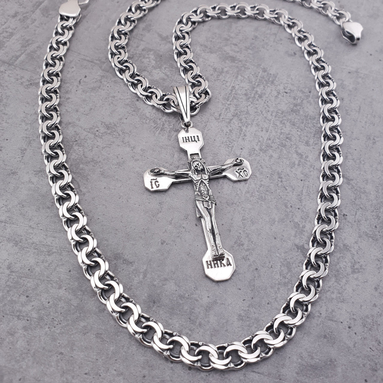 Срібна цепочка з хрестиком чоловіча Бісмарк. Срібний хрест і ланцюжок срібло. 55 см, фото 1