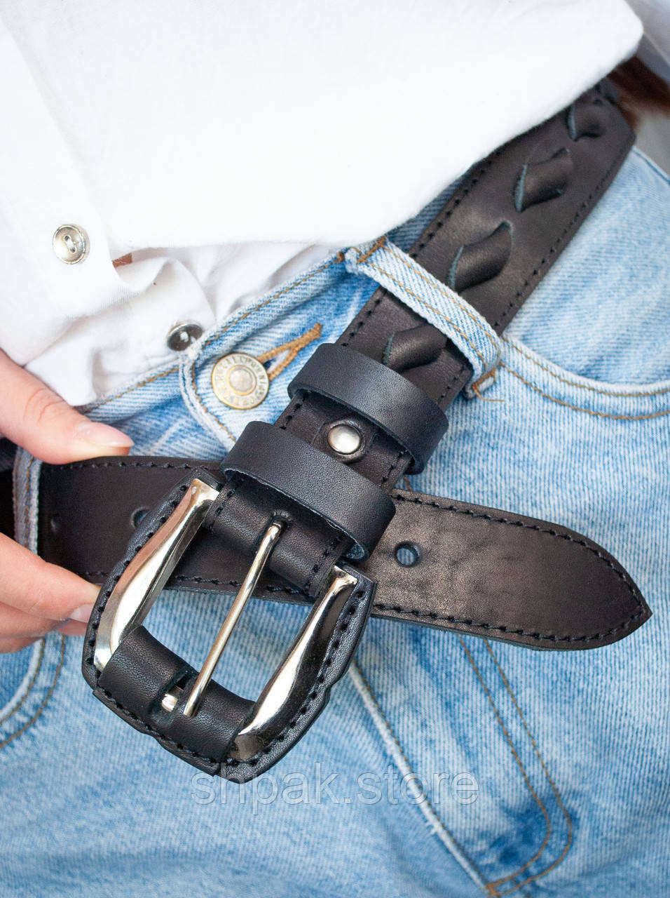 Ремінь чорний шкіряний жіночий Вестерн, ширина 3,5 см, фото 1