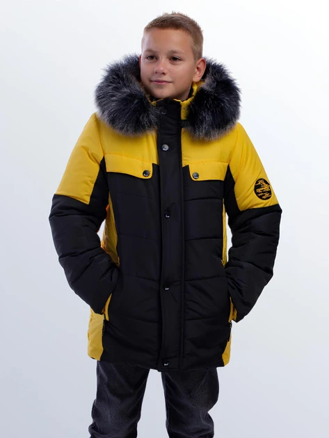 Тепла зимова куртка Ярослав на хлопчика від 6 років і для підлітків Жовтий дитячий подовжений пуховик парка зима 34, фото 1