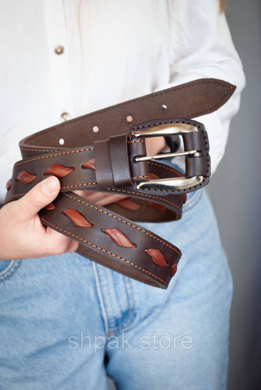 Ремінь шкіряний жіночий темно-коричневий Вестерн, ширина 3,5 см, фото 1