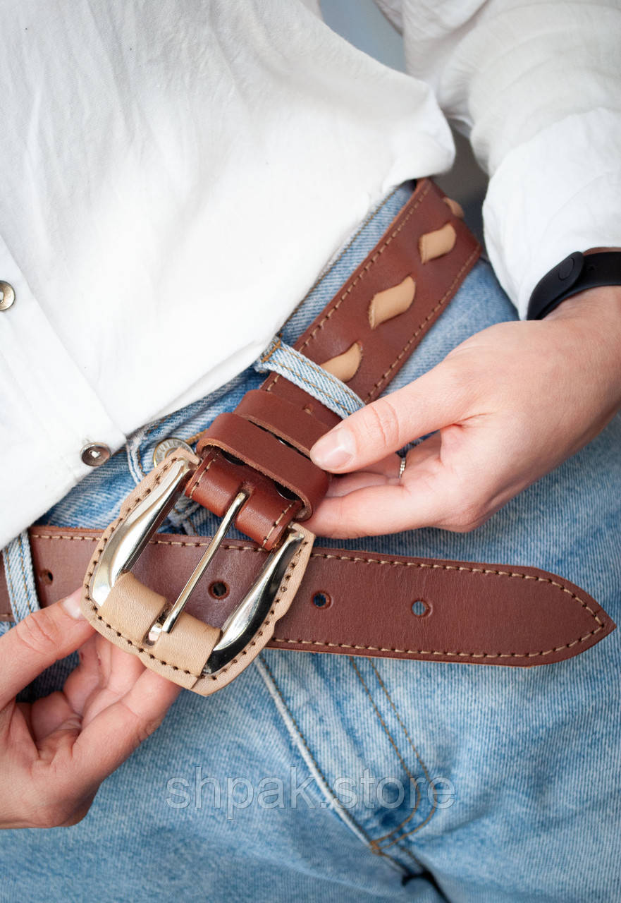 Ремінь шкіряний жіночий світло-коричневий Вестерн, ширина 3,5 см, фото 1
