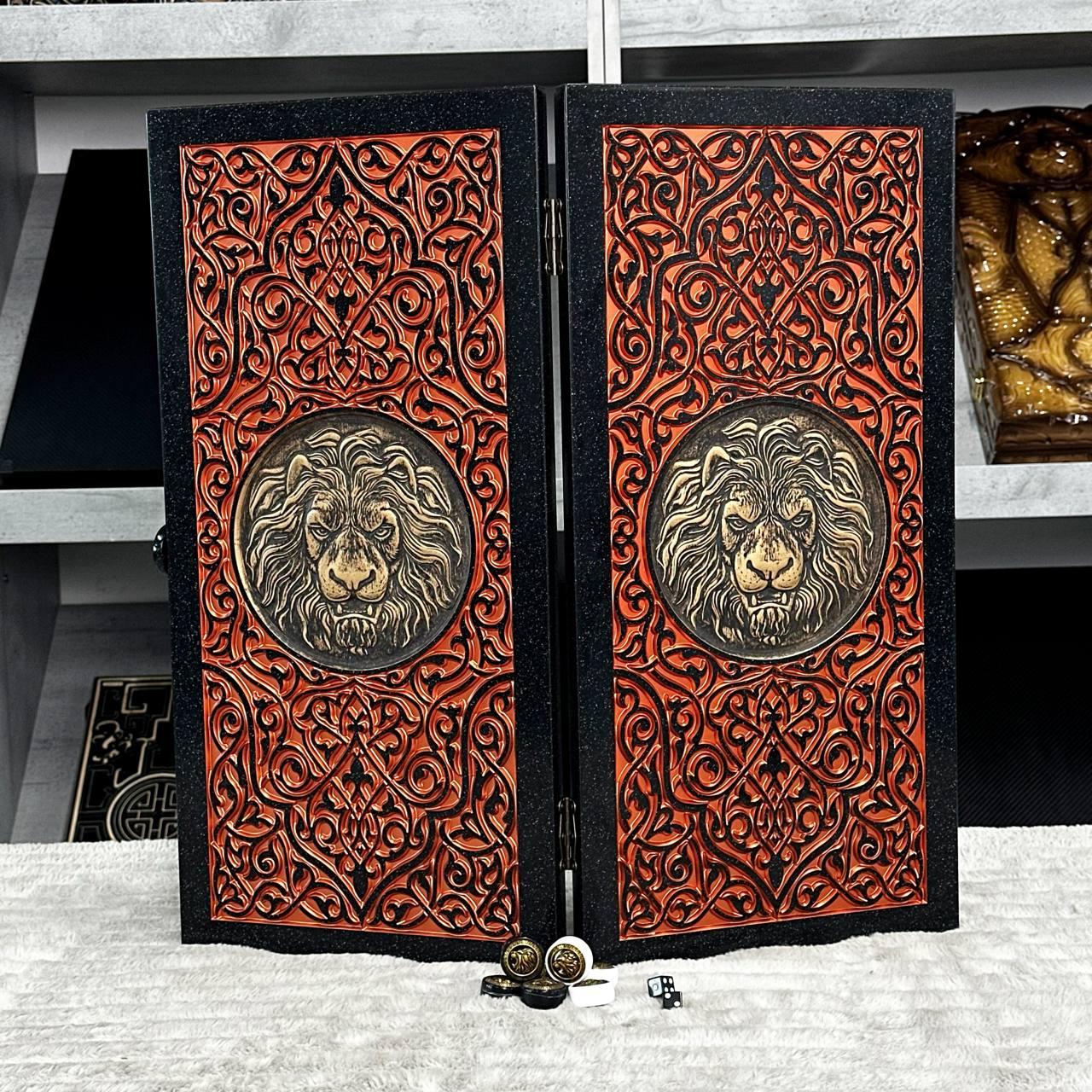 Нарди із чорного акрилового каменю Вогняний Лев 60×30×5см, фото 1