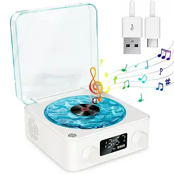 Портативна Bluetooth колонка з RGB підсвіткою, від USB, Біла / Ретро колонка у вигляді вінілового програвача