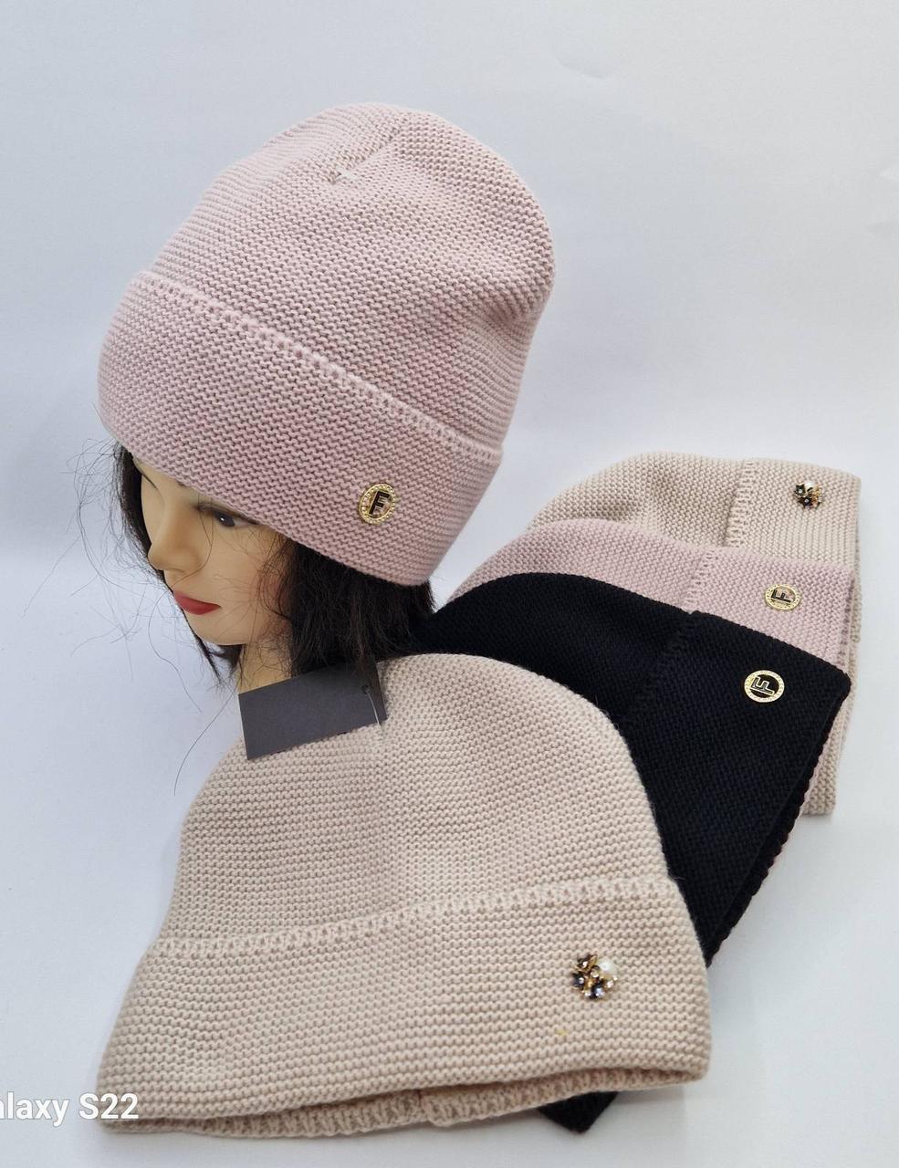 Теплі жіночі в’язані шапки з флісовою підкладкою оптом