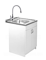 Тумба кухонна Біла з мийкою 60x60 (0,6 мм, ліва чаша), змішувач гнучкий білий, сифон