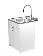Тумба кухонна Біла з мийкою 60x60 (0,6 мм, права чаша), змішувач гнучкий білий, сифон