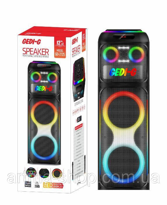 Акустична переносна Bluetooth колонка GD-2125 з двома радіомікрофонами 2*12" 12В 9000 мАч FM, USB, AUX, RGB (440*440*1300 мм)