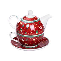 Заварник для чаю з чашкою та блюдцем порцеляновий новорічний, червоний HP-SD-10
