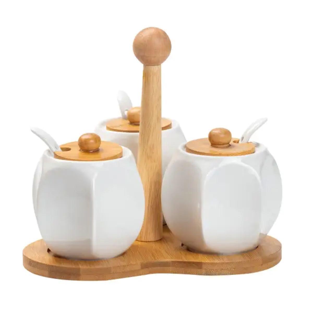 Набір банок для сипучих продуктів 3 шт по 200 мл, на бамбуковій підставці HP1201, фото 1