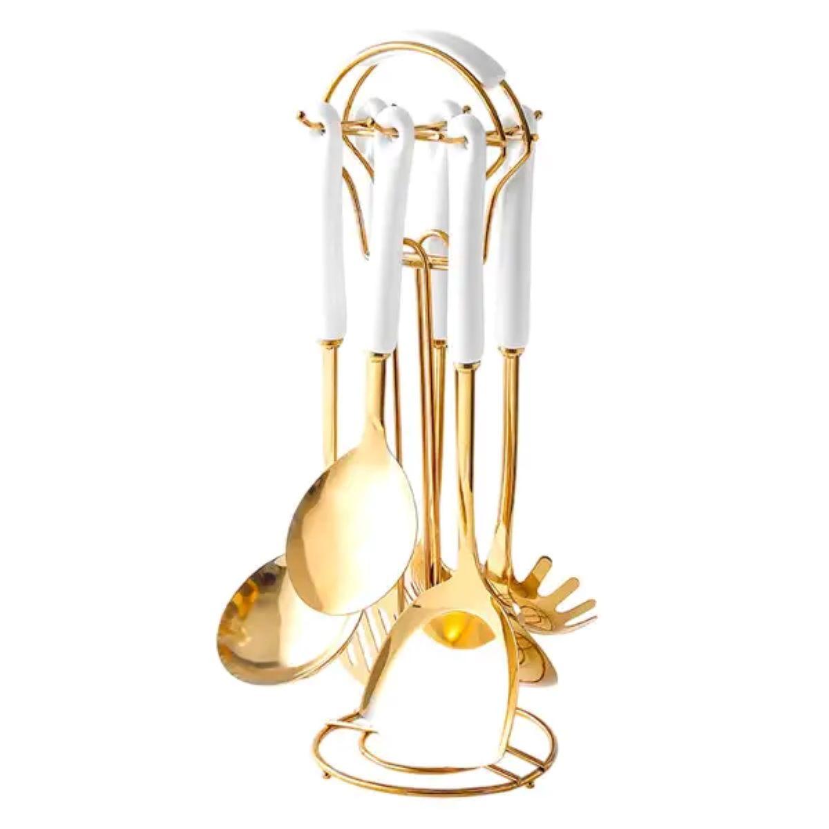 Набір кухонного приладдя на підставці 7 предметів кухонні аксесуари на підставці Білий із золотом HP-20-65