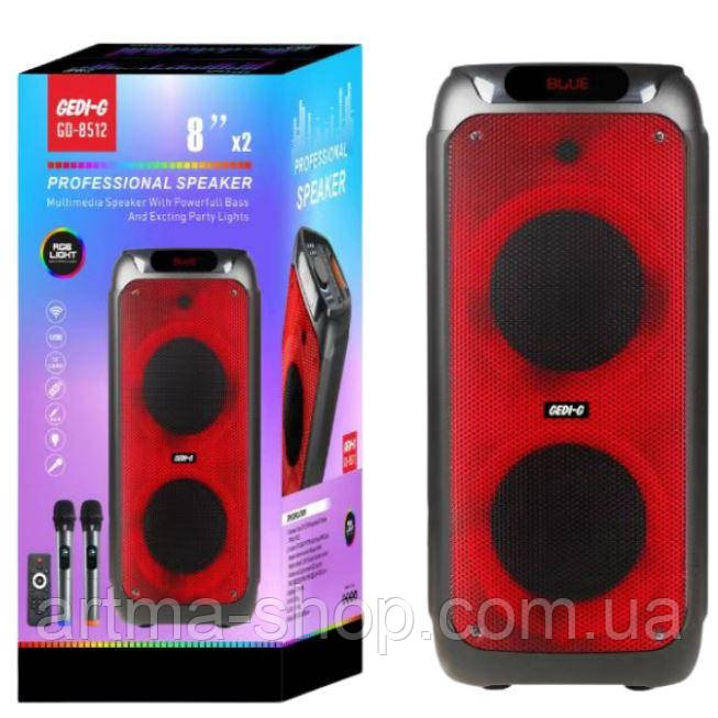 Акустична переносна Bluetooth колонка GD-8512 з двома радіомікрофонами 2*8" 50 Вт FM, USB, AUX, RGB (367*337*780 мм), фото 1
