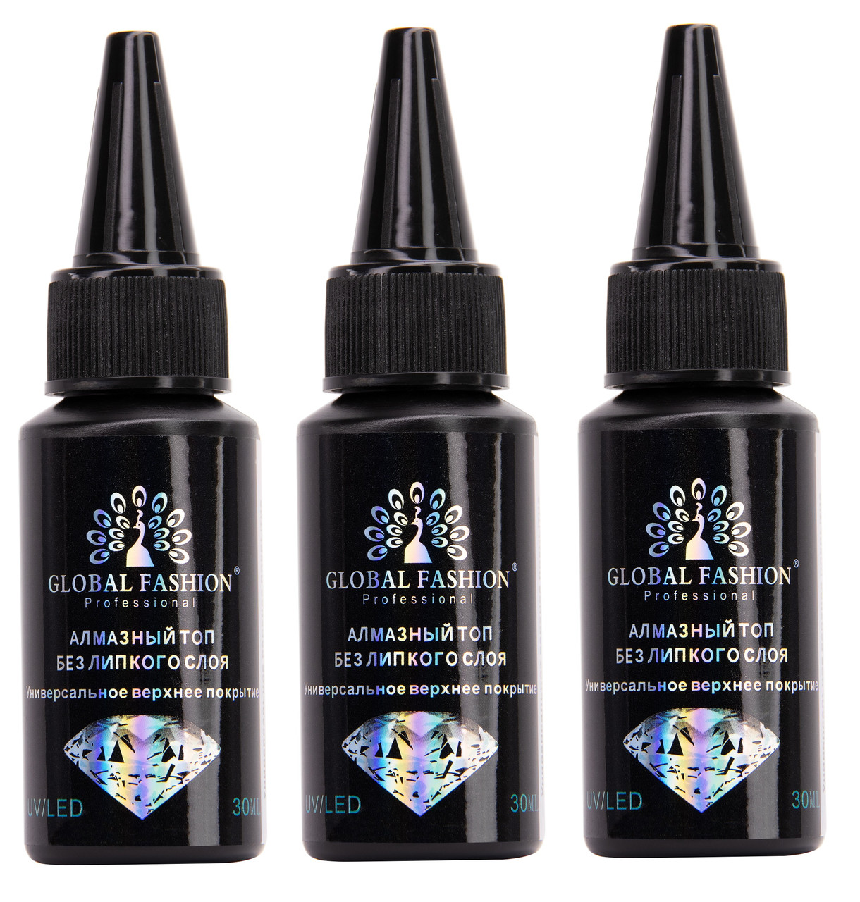 Топ для гель-лаку Global DIAMOND 30мл. Діамантовий, без липкого шару, комплект 3шт.