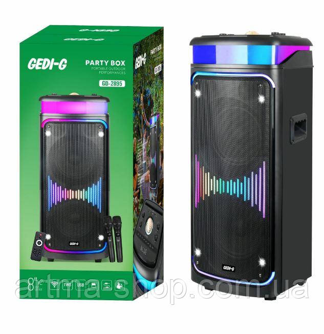 Акустична переносна Bluetooth колонка GD-2895 з двома радіомікрофонами 2*8" 60 Вт FM, USB, AUX, RGB (375*375*845 мм), фото 1