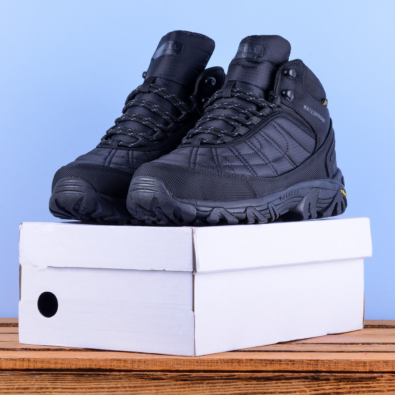 Зимові Кросівки Черевики Merrell Rogue високі з хутром повністю чорні, фото 1