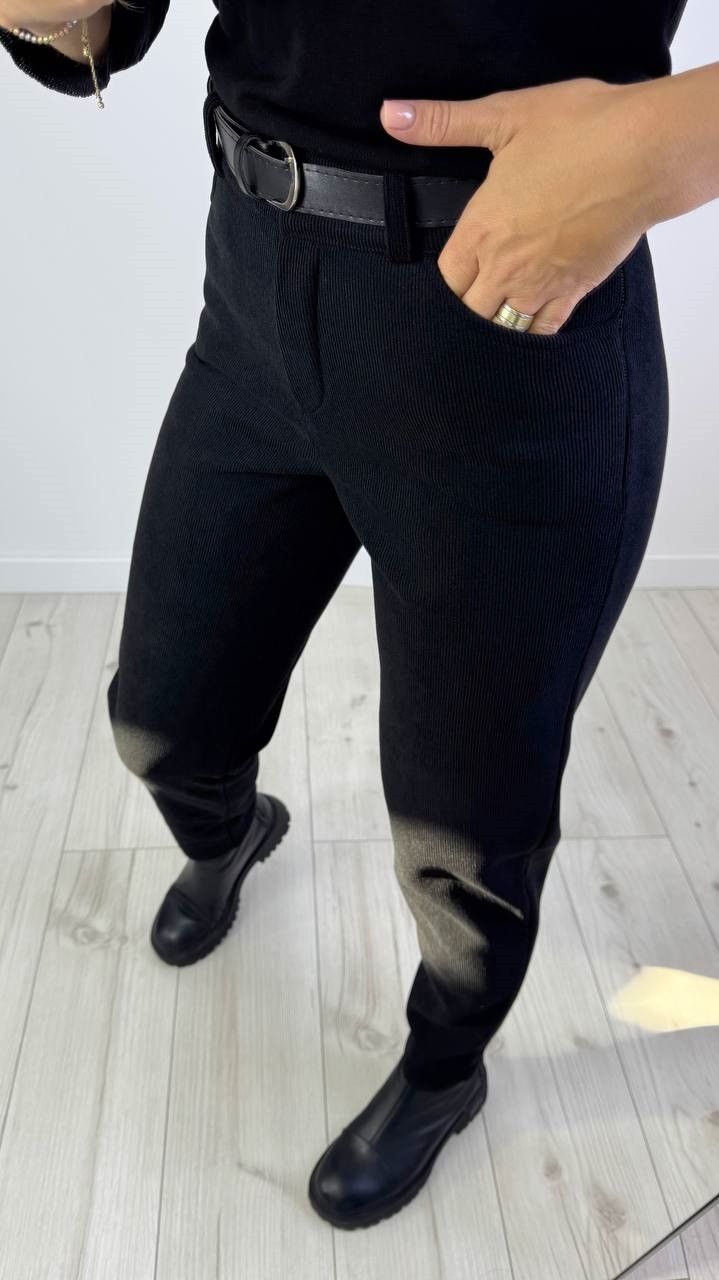 Жіночі теплі штани з вельвету на флісі чорні 42,44,46,48,50,52,54,56,58,60, фото 1