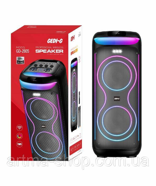 Акустична переносна Bluetooth колонка GD-2805 з двома радіомікрофонами 2*8" 60 Вт FM, USB, AUX, RGB (375*363*825 мм)