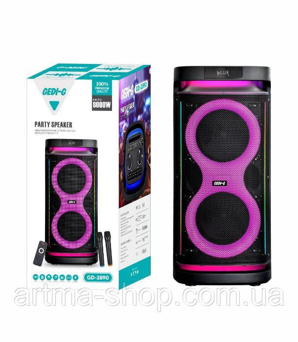 Акустична переносна Bluetooth колонка GD-2890 з двома радіомікрофонами 2*8" 60 Вт FM, USB, AUX, RGB (403*390*937 мм)