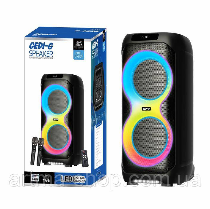 Акустична переносна Bluetooth колонка LT-2131 з двома радіомікрофонами 2*8" 60 Вт FM, USB, AUX, RGB (380 x 370 x 847 мм), фото 1