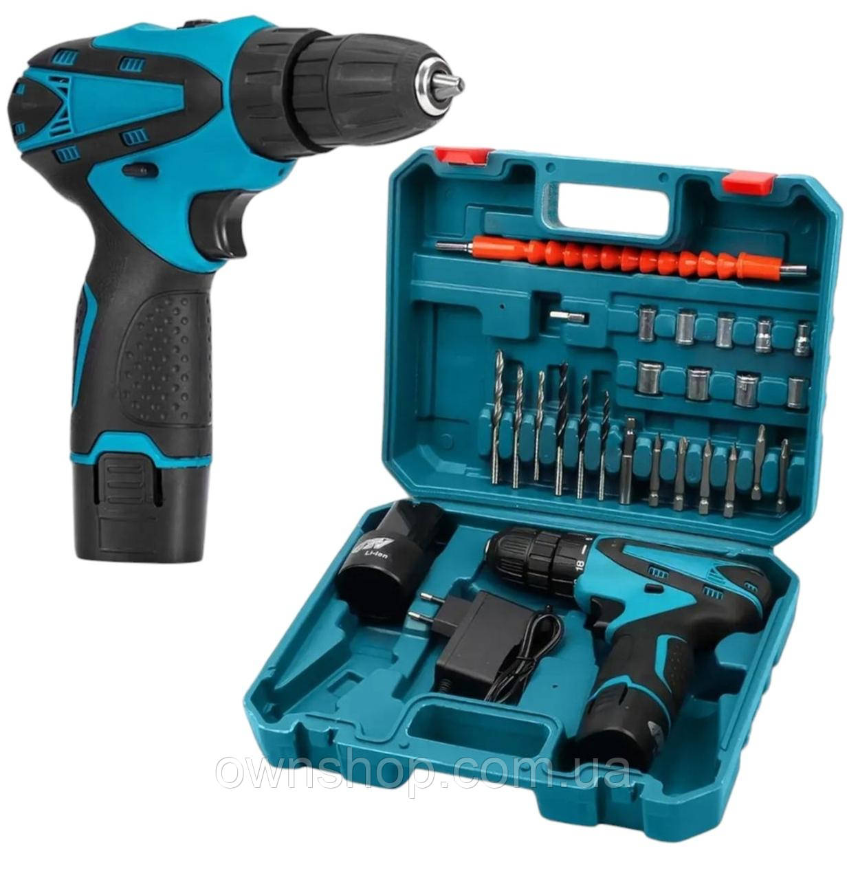 Акумуляторний шуруповерт 12V 2Ah (2 акумулятора) з насадками, в зручному кейсі, фото 1