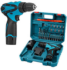 Акумуляторний шуруповерт 12V 2Ah (2 акумулятора) з насадками, в зручному кейсі