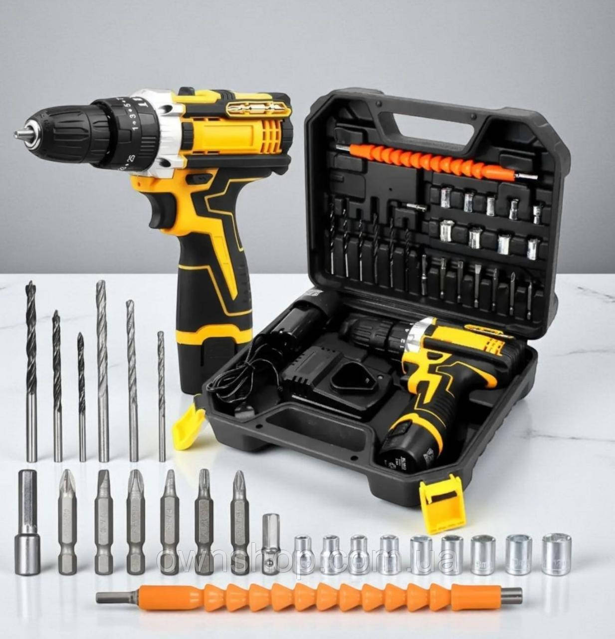 Акумуляторний шуруповерт 12V 2Ah (2 акумулятора) з насадками, в зручному кейсі, фото 1