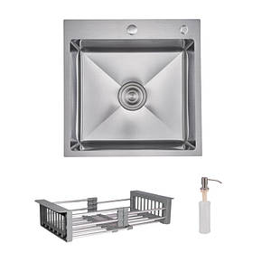 Комплект Lidz Handmade H5050H Мийка для кухні інтегрована Decor Honeycomb у комплекті з дозатором + Lidz K01G Кошик для