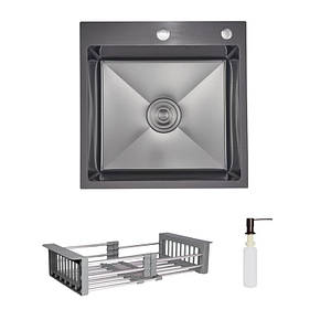 Комплект Lidz Handmade H5050HB Мийка для кухні інтегрована Decor Black PVD Honeycomb у комплекті з дозатором+ Lidz K01G