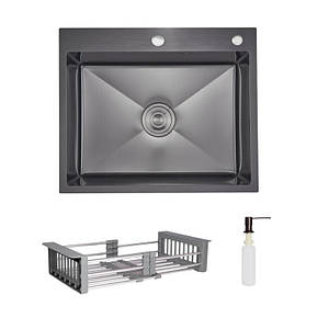 Комплект Lidz Handmade H6050HB Мийка для кухні інтегрована Decor Black PVD Honeycomb у комплекті з дозатором+ Lidz K01G