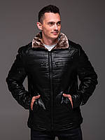 Зимова шкіряна куртка на хутрі чорна кишені на грудях