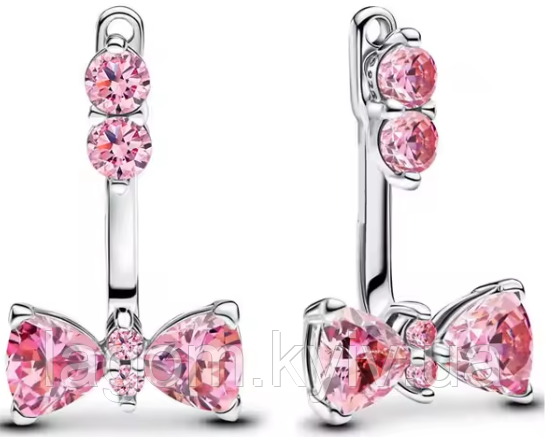 Сережки-гвоздики в стилі PANDORA 925 проба "Сяючий рожевий бант" кульчики-пусети трансформери (джекети) з бантиками ПАНДОРА, фото 1