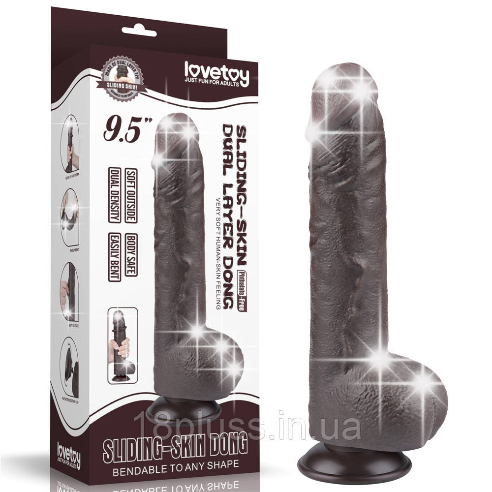 Реалістичний фалоімітатор з яєчками та ефектом живої шкіри на присосці Sliding Skin Dual Layer Dong 9,5'' Black, фото 1