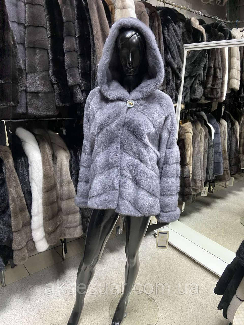 Шуба з натурального хутра норки 70 см, з капюшоном, колір блакитний, фото 1