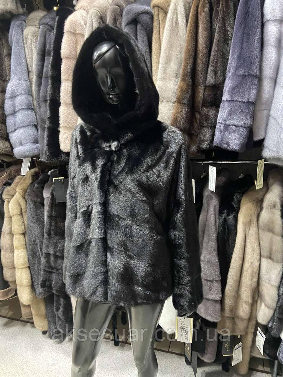 Шуба з натурального хутра норки 70 см, з капюшоном, колір чорний, фото 1