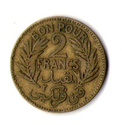 Туніс › Французький протекторат 2 франка 1921 рік Алюміній-бронза, 8g, ø 27mm №3389, фото 1