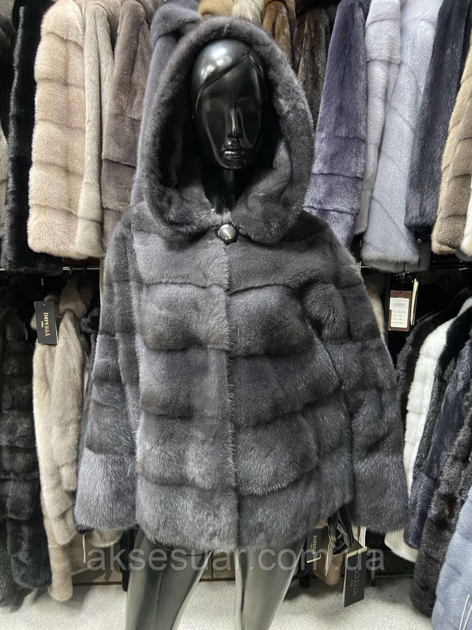 Шуба з натурального хутра норки 70 см, з капюшоном, колір графіт, фото 1