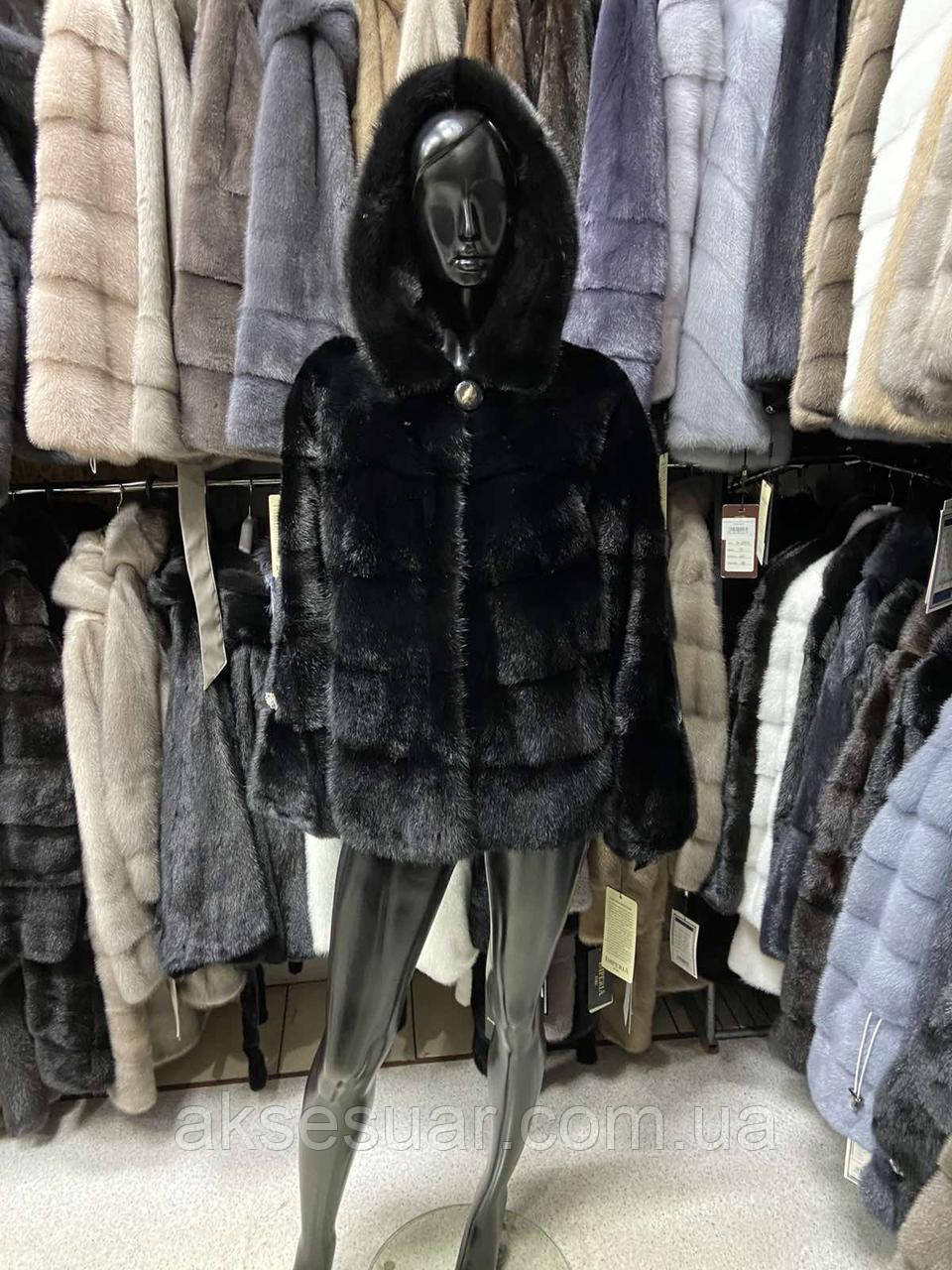 Шуба з натурального хутра норки 70 см, з капюшоном, колір чорний, фото 1