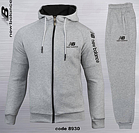Теплый мужской спортивный костюм New Balance флис велюр, зимний утепленный спорт костюм серый с капюшоном fms