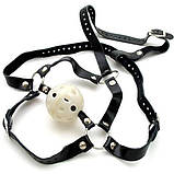 Шкіряний намордник, кляп із силіконовою кулею кляп чорний з регульованими ременями, фото 2