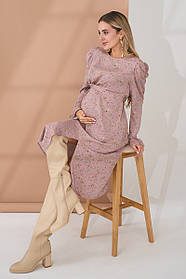 Нарядна сукня міді для вагітних і годуючих пудрова з квітковим принтом