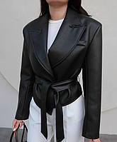 Жіночий тренч із екошкіри на підкладці з поясом