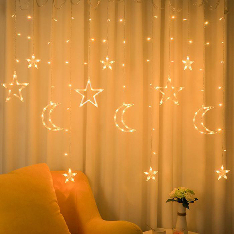 Гірлянда-штора місяць та зірки розмір 3*0,9 м 12 фігур, теплий білий 220В, фото 1