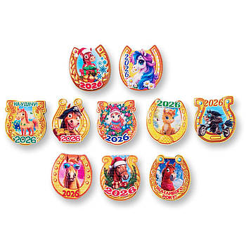 Магніт деревяний на холодильник з сиволом 2026 року Коня підкова 7*6,5 см