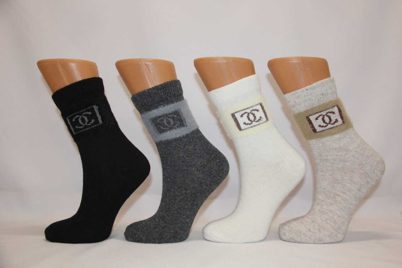 Жіночі шкарпетки високі зі 100% вовни з оздобленням з ангори НЛ 36-40 асорті шанель, фото 1