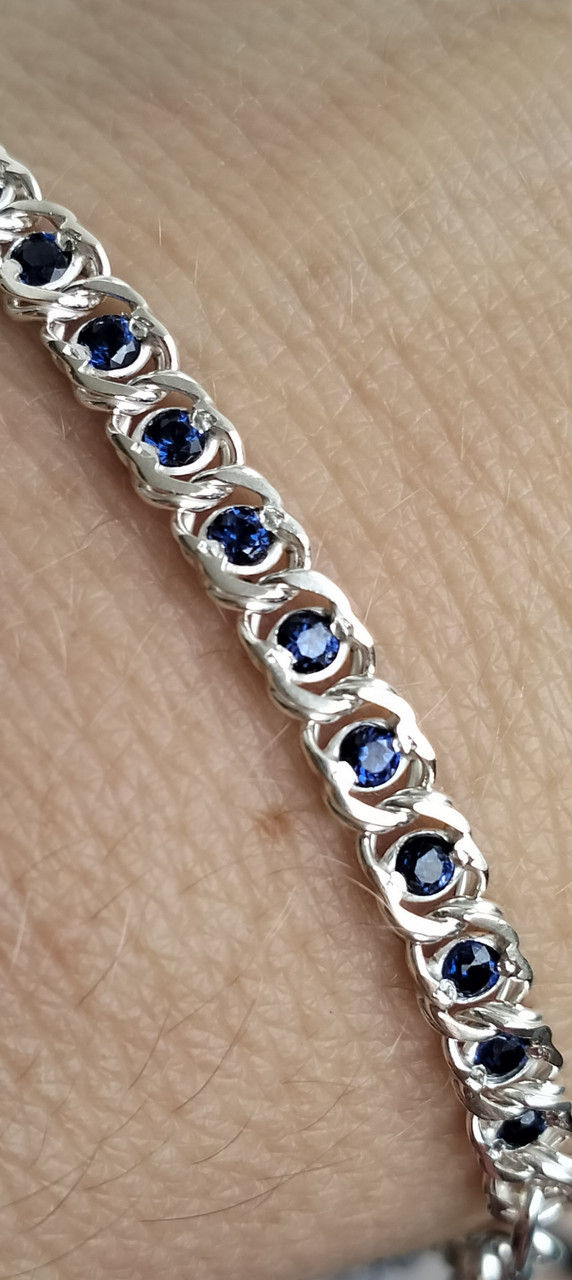 Срібний  браслет арабський бісмарк з фіанітами синього кольору, фото 1