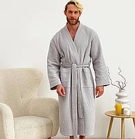 Мужской вафельный натуральный халат для дома и ванны из натурального хлопка серый без наличия капюшона