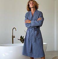 Мужской вафельный натуральный халат для дома и ванны из натурального хлопка голубой без наличия капюшона