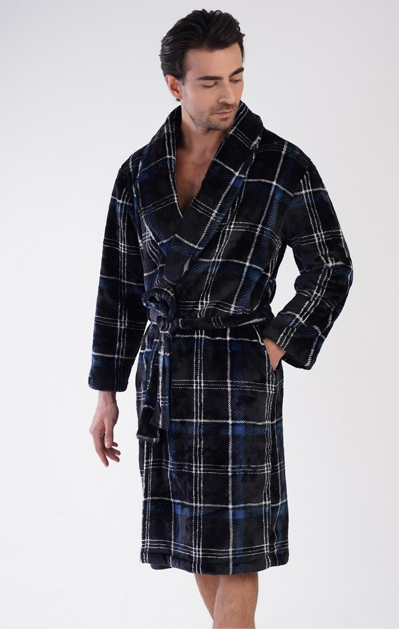 Чоловічий теплий халат махровий велсофт, чорно-синій M, фото 1