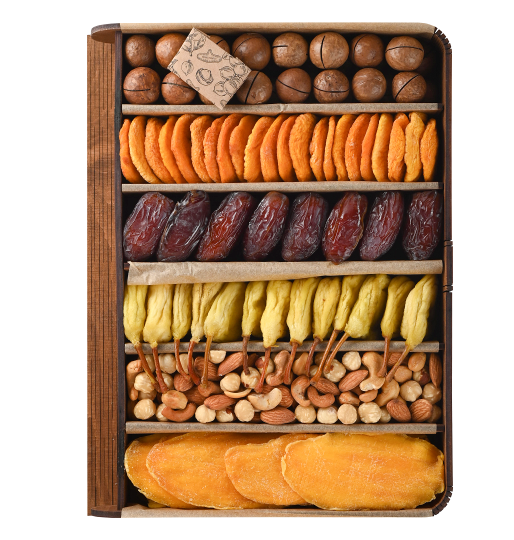 Подарунковий набір з сухофруктами та горіхами у Деревʼяній книзі big на 6 секцій, фото 1